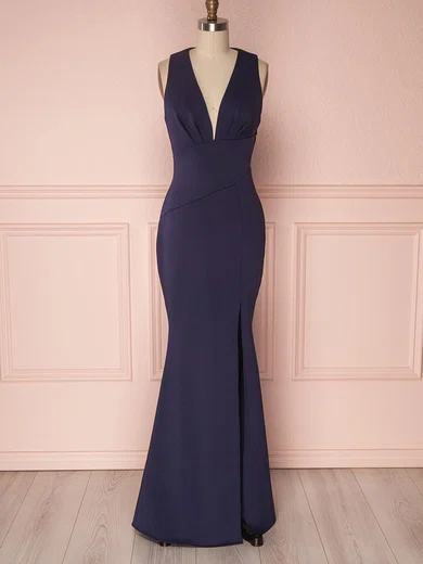 Sheath/Column V-neck Stretch Crepe Floor-length Split Front Bridesmaid Dresses #Milly01014428