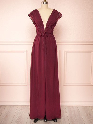 A-line V-neck Chiffon Floor-length Bridesmaid Dresses With Sashes / Ribbons #Milly01014433