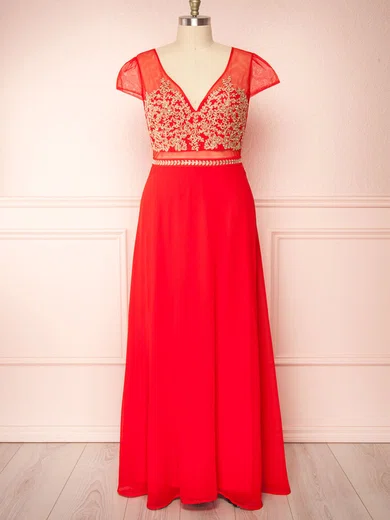 A-line V-neck Chiffon Tulle Floor-length Bridesmaid Dresses With Appliques Lace #Milly01014435