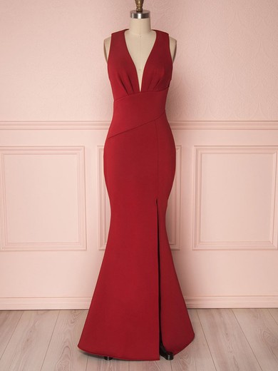 Sheath/Column V-neck Stretch Crepe Floor-length Ruffles Bridesmaid Dresses #Milly01014437