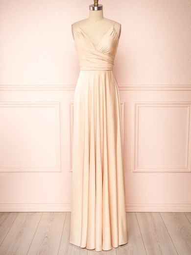 A-line V-neck Silk-like Satin Floor-length Ruffles Bridesmaid Dresses #Milly01014441
