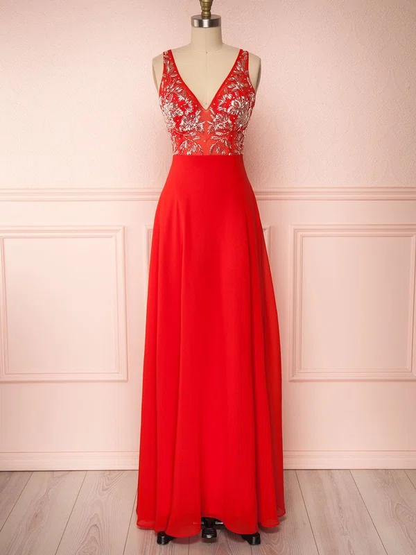 A-line V-neck Chiffon Tulle Floor-length Bridesmaid Dresses With Appliques Lace #Milly01014442