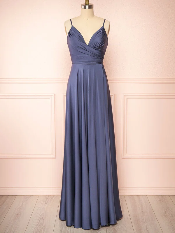 A-line V-neck Silk-like Satin Floor-length Ruffles Bridesmaid Dresses #Milly01014443