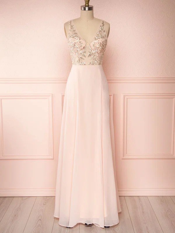 A-line V-neck Chiffon Tulle Floor-length Bridesmaid Dresses With Appliques Lace #Milly01014444