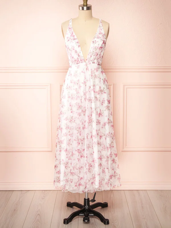 A-line V-neck Tulle Tea-length Bridesmaid Dresses #Milly01014447