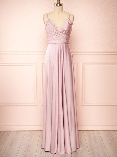 A-line V-neck Silk-like Satin Floor-length Ruffles Bridesmaid Dresses #Milly01014449