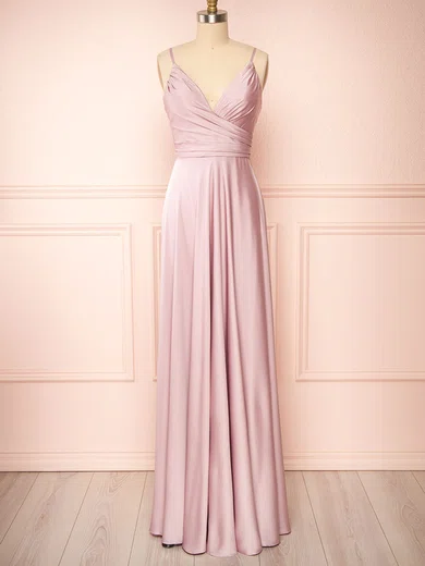 A-line V-neck Silk-like Satin Floor-length Ruffles Bridesmaid Dresses #Milly01014449