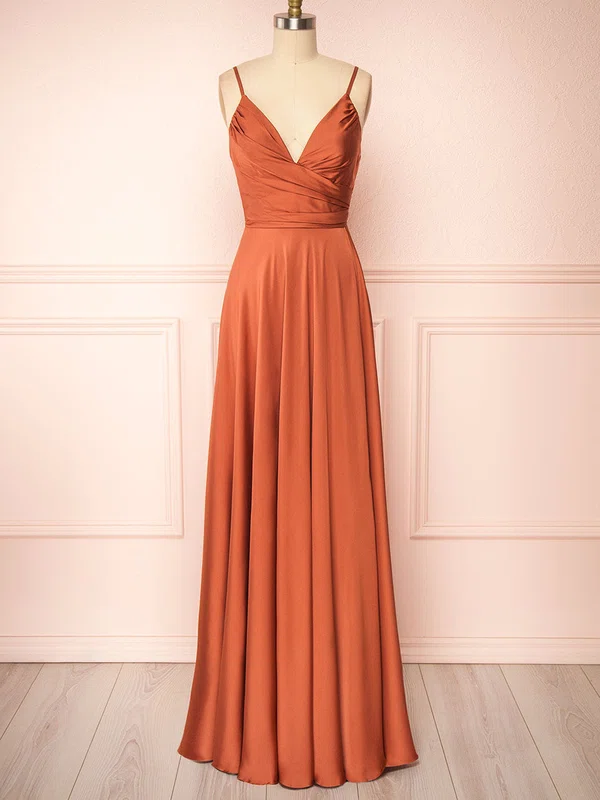 A-line V-neck Silk-like Satin Floor-length Ruffles Bridesmaid Dresses #Milly01014454