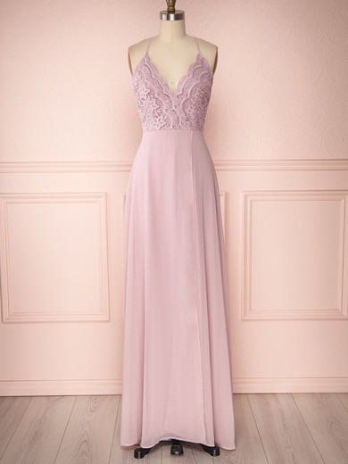 A-line V-neck Lace Chiffon Floor-length Split Front Bridesmaid Dresses #Milly01014457