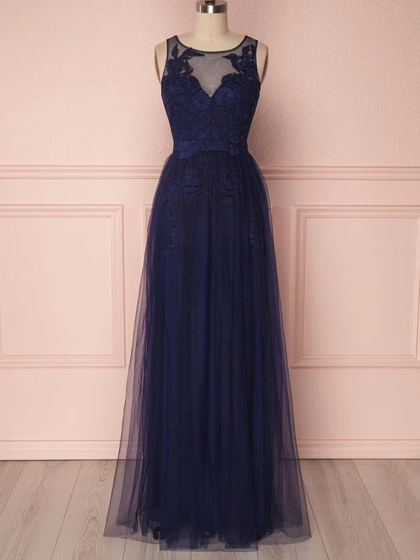 A-line Scoop Neck Tulle Floor-length Bridesmaid Dresses With Appliques Lace #Milly01014467