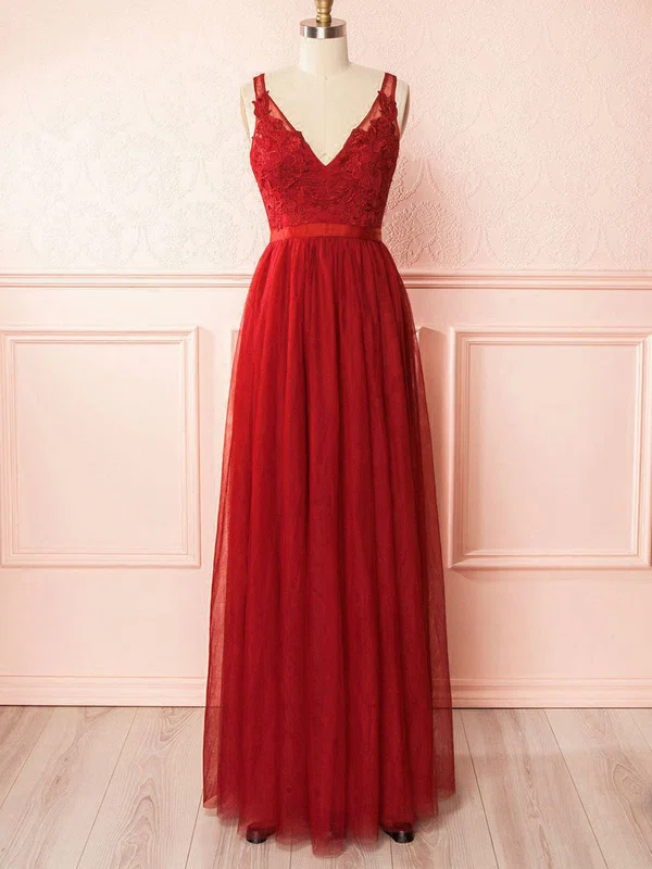 A-line V-neck Lace Tulle Floor-length Bridesmaid Dresses With Appliques Lace #Milly01014470