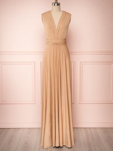 A-line V-neck Jersey Floor-length Bridesmaid Dresses With Sashes / Ribbons #Milly01014482