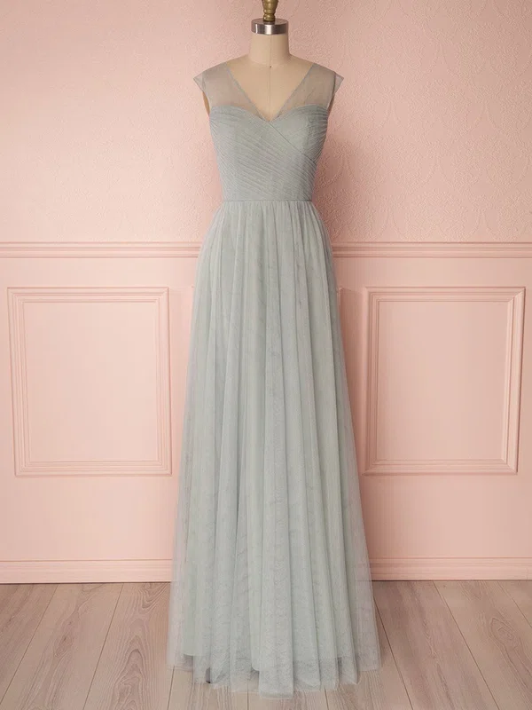 A-line V-neck Tulle Floor-length Bridesmaid Dresses With Ruffles #Milly01014484