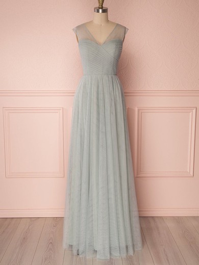 A-line V-neck Tulle Floor-length Bridesmaid Dresses With Ruffles #Milly01014484