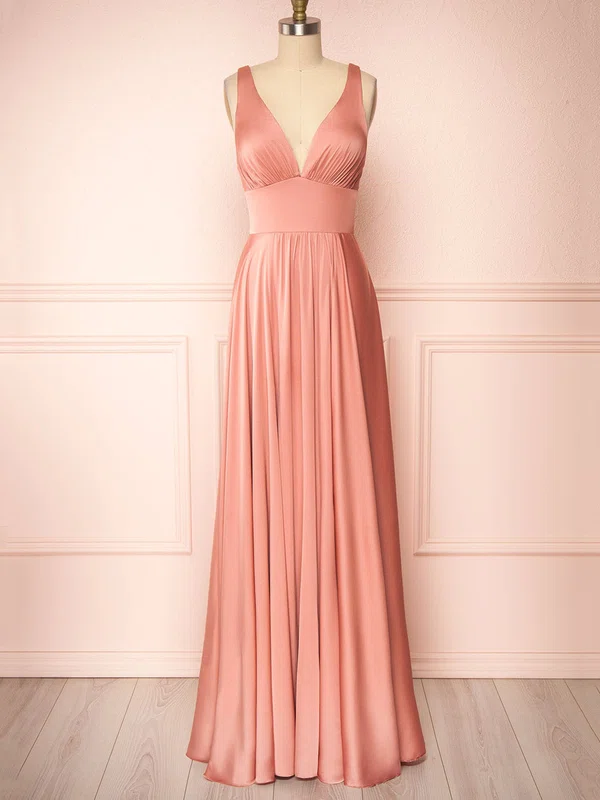 A-line V-neck Silk-like Satin Floor-length Bridesmaid Dresses #Milly01014488