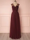 A-line V-neck Tulle Floor-length Bridesmaid Dresses With Ruffles #Milly01014489