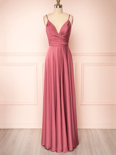 A-line V-neck Silk-like Satin Floor-length Ruffles Bridesmaid Dresses #Milly01014502