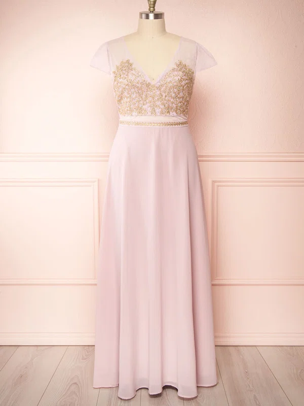 A-line V-neck Chiffon Tulle Floor-length Bridesmaid Dresses With Appliques Lace #Milly01014513