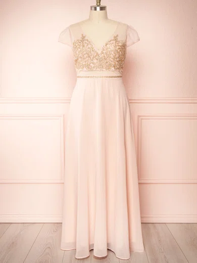 A-line V-neck Chiffon Tulle Floor-length Bridesmaid Dresses With Appliques Lace #Milly01014516