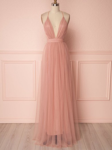 A-line V-neck Tulle Floor-length Ruffles Bridesmaid Dresses #Milly01014517