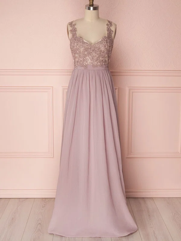A-line V-neck Chiffon Floor-length Bridesmaid Dresses With Appliques Lace #Milly01014518