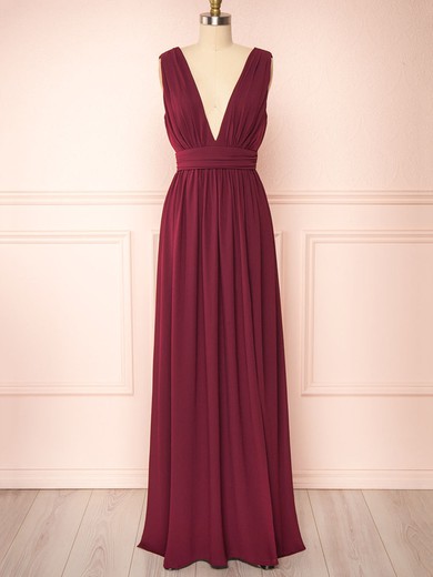A-line V-neck Chiffon Floor-length Bridesmaid Dresses With Ruffles #Milly01014526