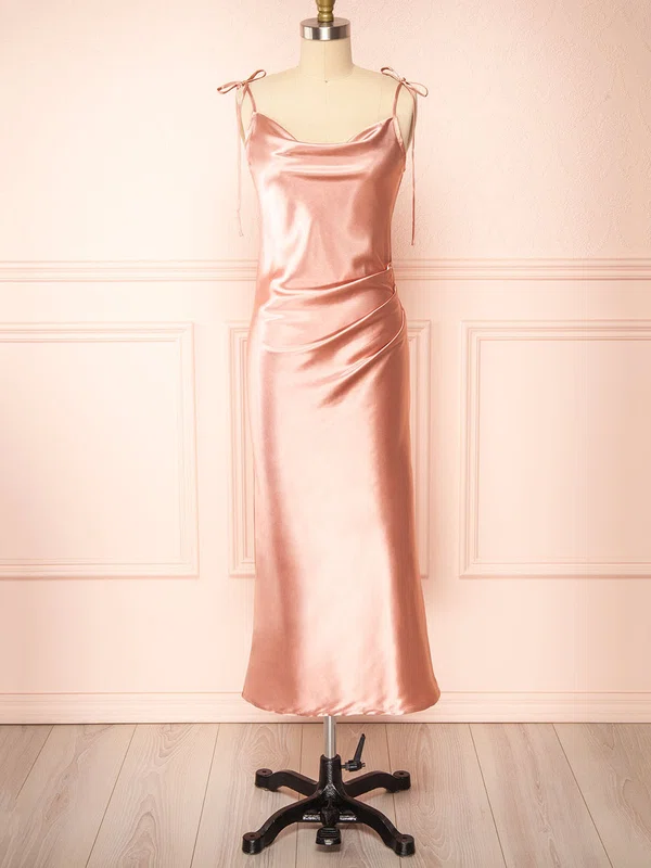 Sheath/Column Cowl Neck Silk-like Satin Tea-length Ruffles Bridesmaid Dresses #Milly01014535