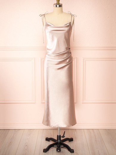 Sheath/Column Cowl Neck Silk-like Satin Tea-length Ruffles Bridesmaid Dresses #Milly01014536
