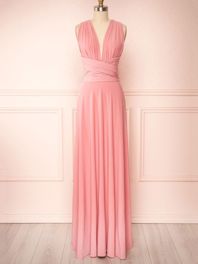 A-line V-neck Jersey Floor-length Bridesmaid Dresses With Sashes / Ribbons #Milly01014540