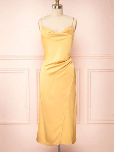 Sheath/Column Cowl Neck Silk-like Satin Tea-length Split Front Bridesmaid Dresses #Milly01014544