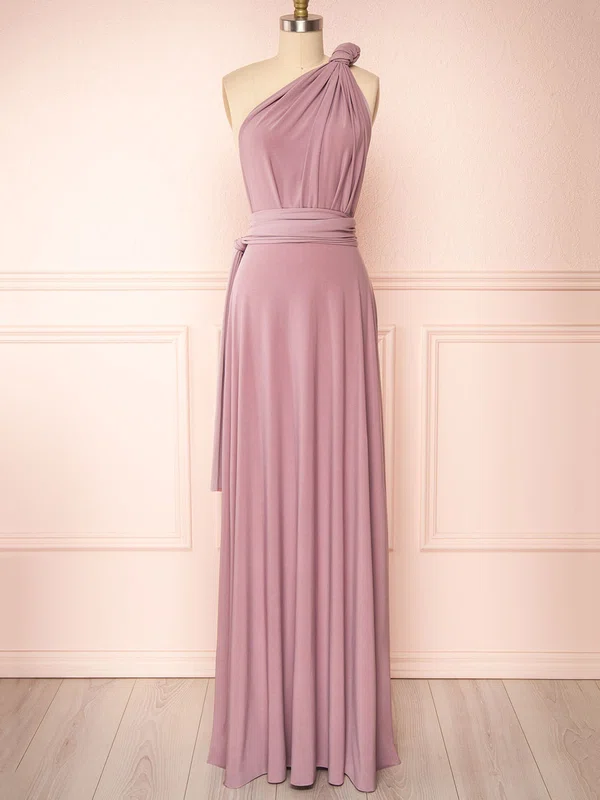 A-line One Shoulder Jersey Floor-length Bridesmaid Dresses With Sashes / Ribbons #Milly01014545