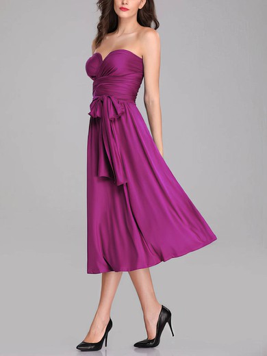 A-line Sweetheart Jersey Tea-length Sashes / Ribbons Bridesmaid Dresses #Milly01014259