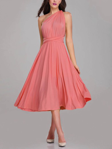 A-line One Shoulder Jersey Tea-length Bridesmaid Dresses With Sashes / Ribbons #Milly01014260
