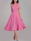 A-line One Shoulder Jersey Tea-length Bridesmaid Dresses With Sashes / Ribbons #Milly01014261