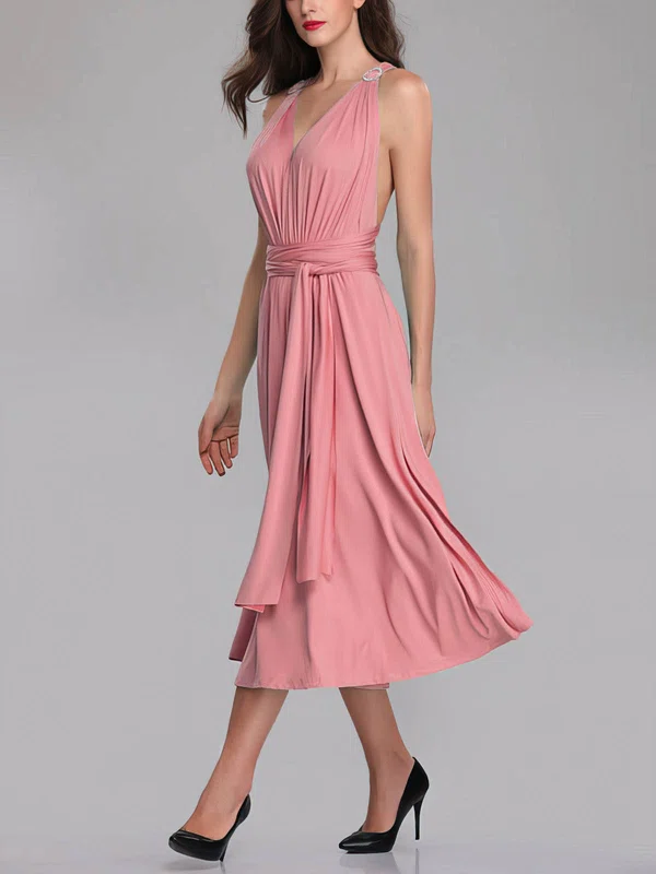 A-line V-neck Jersey Tea-length Bridesmaid Dresses With Sashes / Ribbons #Milly01014262