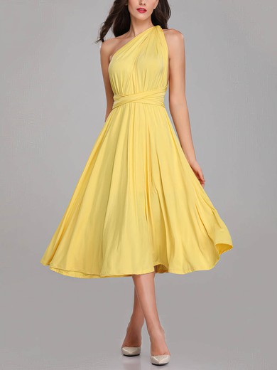 A-line One Shoulder Jersey Tea-length Bridesmaid Dresses With Sashes / Ribbons #Milly01014264