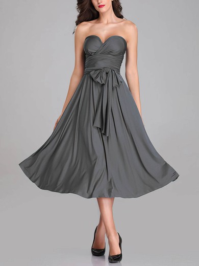 A-line Sweetheart Jersey Tea-length Sashes / Ribbons Bridesmaid Dresses #Milly01014265