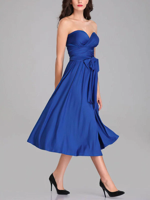 A-line Sweetheart Jersey Tea-length Sashes / Ribbons Bridesmaid Dresses #Milly01014266