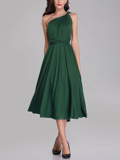 A-line One Shoulder Jersey Tea-length Bridesmaid Dresses With Sashes / Ribbons #Milly01014267