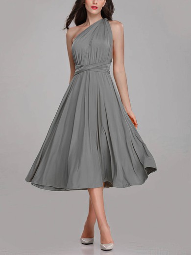 A-line One Shoulder Jersey Tea-length Bridesmaid Dresses With Sashes / Ribbons #Milly01014268