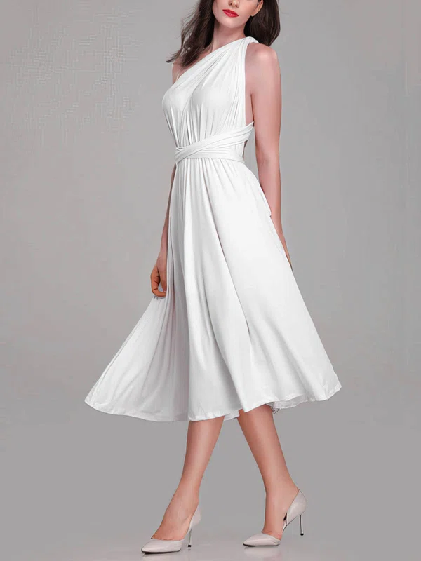 A-line One Shoulder Jersey Tea-length Bridesmaid Dresses With Sashes / Ribbons #Milly01014269