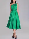 A-line One Shoulder Jersey Tea-length Bridesmaid Dresses With Sashes / Ribbons #Milly01014270