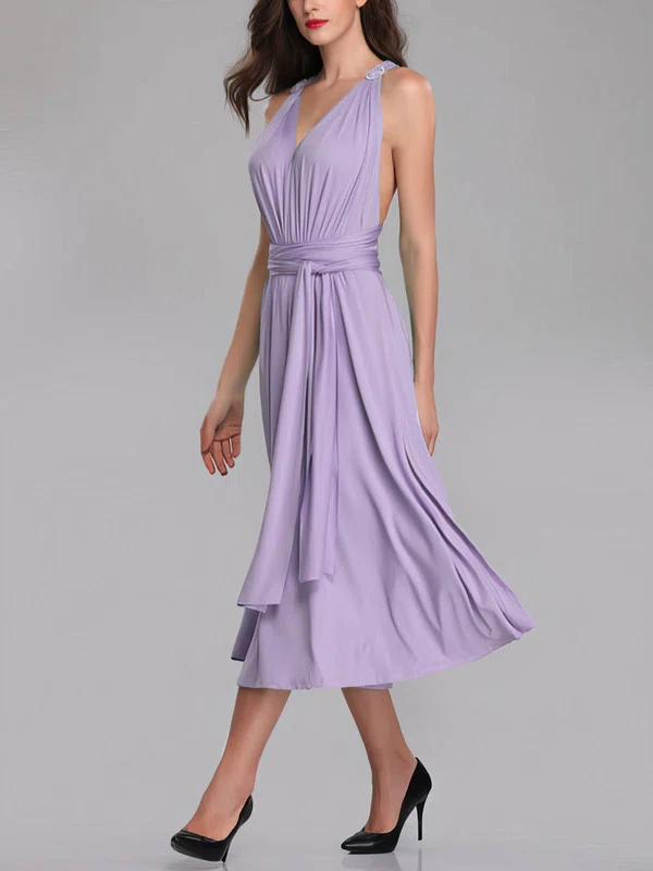 A-line V-neck Jersey Tea-length Bridesmaid Dresses With Sashes / Ribbons #Milly01014271