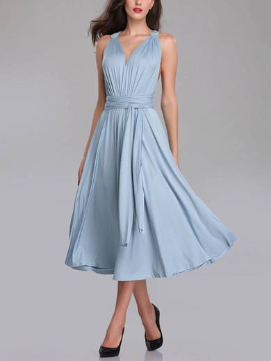 A-line V-neck Jersey Tea-length Bridesmaid Dresses With Sashes / Ribbons #Milly01014272