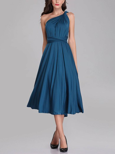 A-line One Shoulder Jersey Tea-length Bridesmaid Dresses With Sashes / Ribbons #Milly01014274