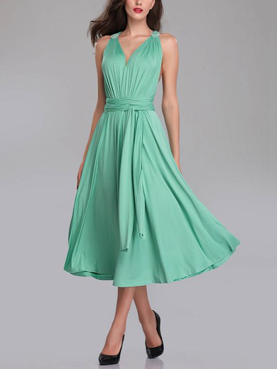 A-line V-neck Jersey Tea-length Bridesmaid Dresses With Sashes / Ribbons #Milly01014275
