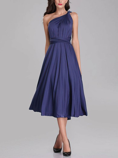 A-line One Shoulder Jersey Tea-length Bridesmaid Dresses With Sashes / Ribbons #Milly01014276