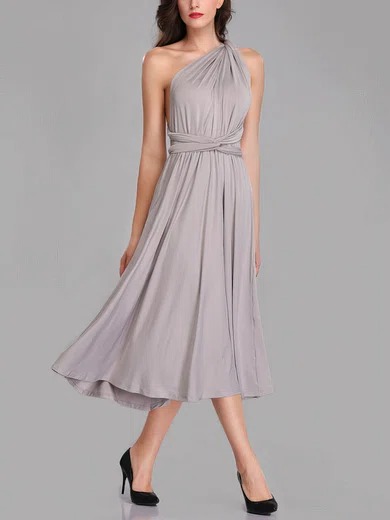 A-line One Shoulder Jersey Tea-length Bridesmaid Dresses With Sashes / Ribbons #Milly01014278