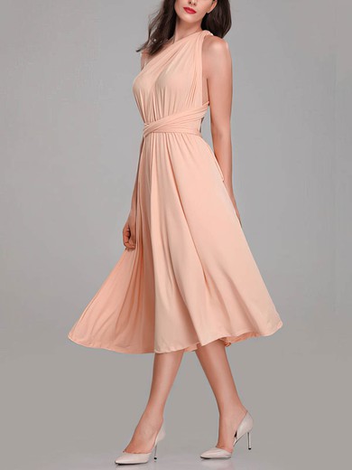 A-line One Shoulder Jersey Tea-length Bridesmaid Dresses With Sashes / Ribbons #Milly01014279