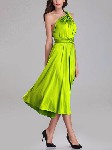 A-line One Shoulder Silk-like Satin Tea-length Bridesmaid Dresses With Sashes / Ribbons #Milly01014280